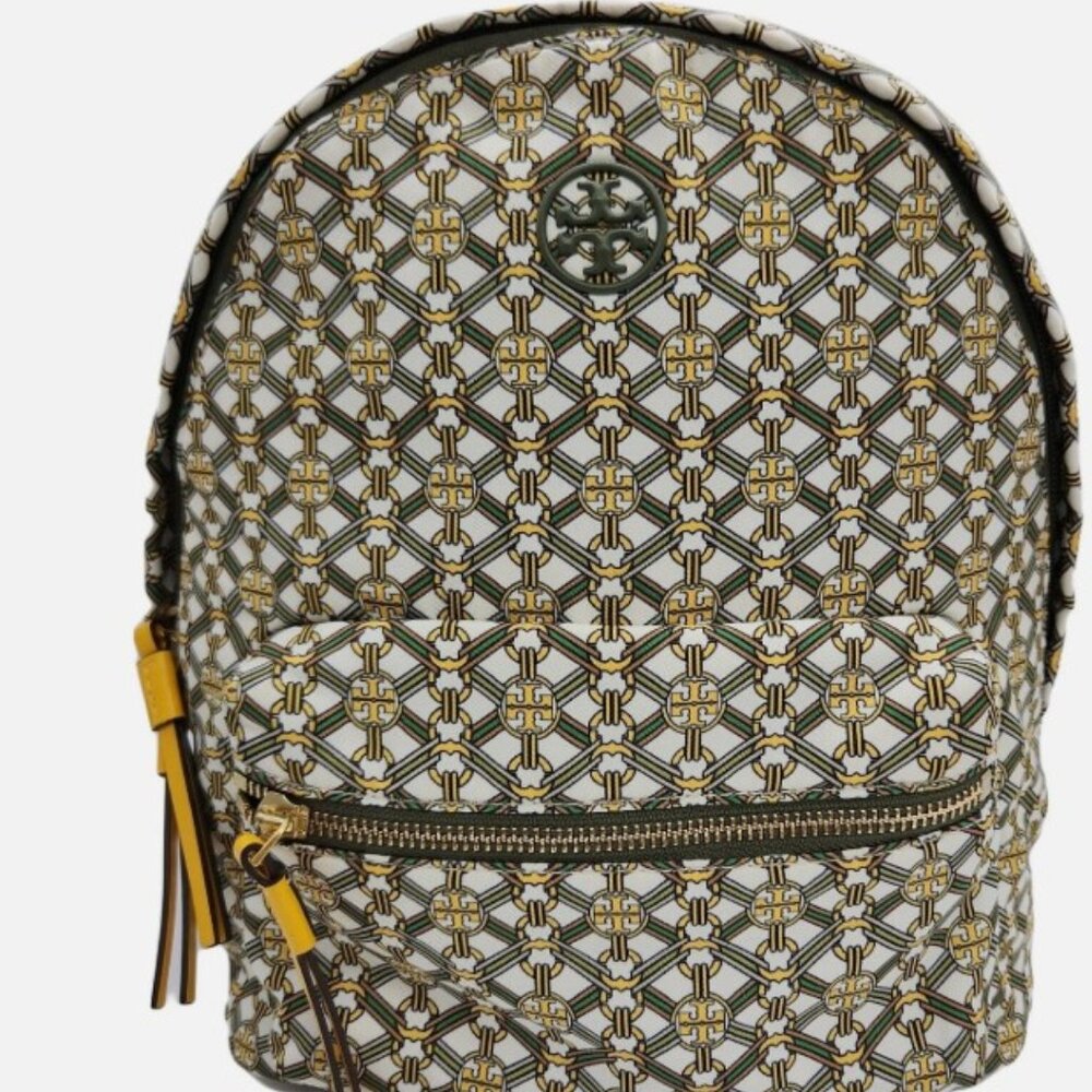 RARE Tory Burch Piper Bag Printed Backpack Green Gemini Link Satin Quilt Lined